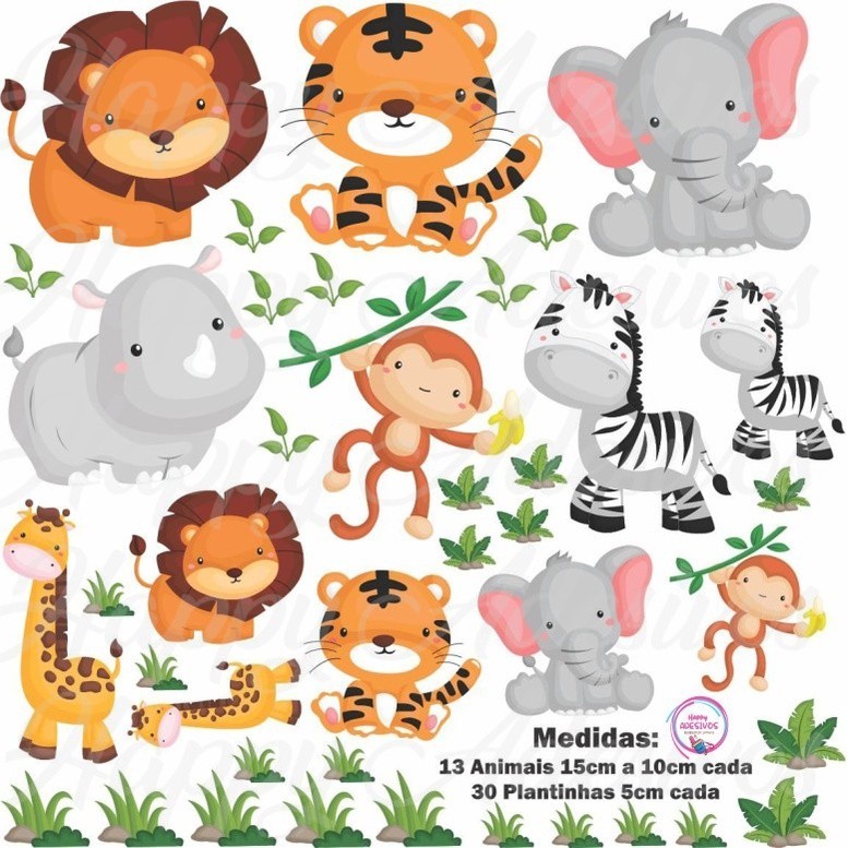 Kit 43 Adesivos Animais Safari Zoológico Selva Plantinhas Papel de Parede Infantil Decoração DCM