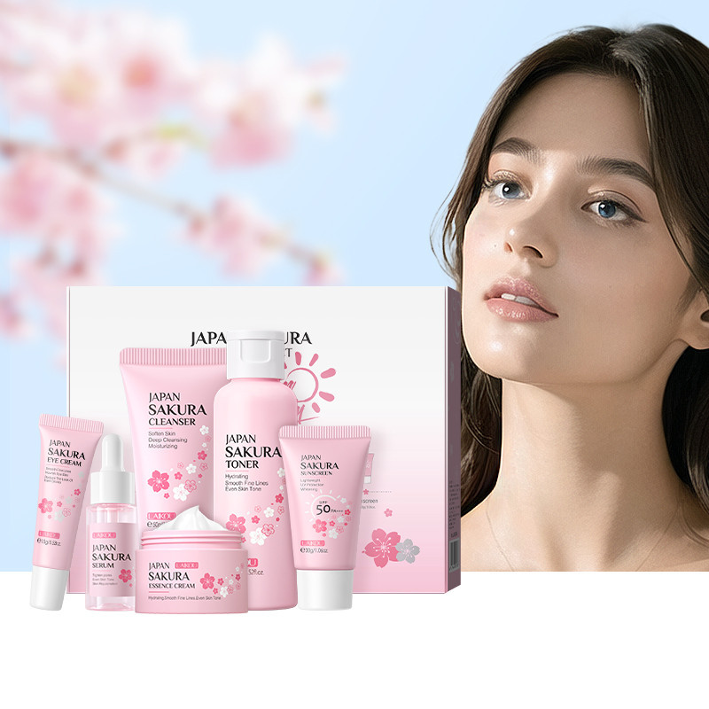 LAIKOU Japan Sakura Skincare Set 6pcs Hidratante Refrescante Mesmo Tom Proteção UV