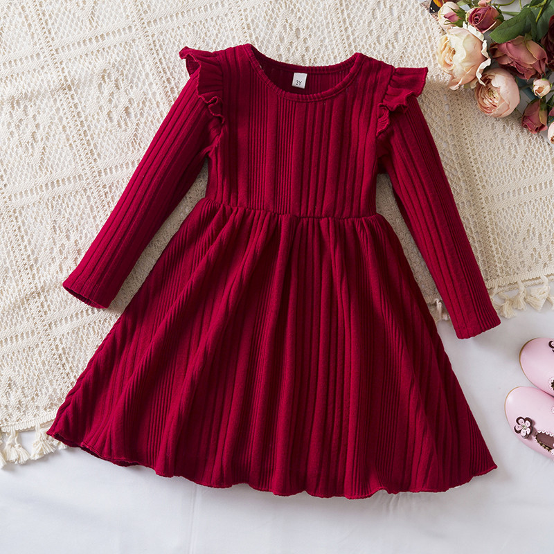 Girl Christmas Dress Kids Sweater Dresses Ruffle Button Ribbed Knit Long Sleeve A-Line Swi...