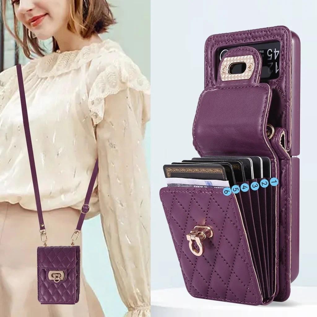 Luxo Crossbody Cinta Caso De Couro Para Samsung Galaxy Z Flip 6 5 4 3 5G Suporte