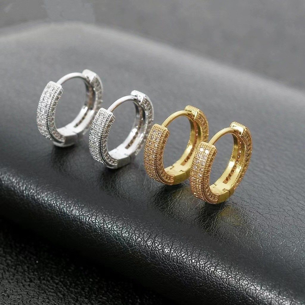 S925 Brincos de Prata com Diamante Completo Brincos de Hip-Hop Simples Masculino Feminino