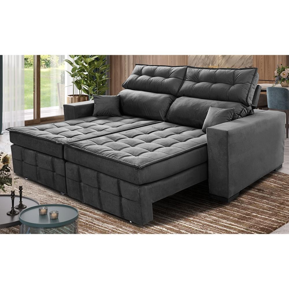 Sofá Retrátil e Reclinável 1,80m Molas Ensacadas e Costura Tripla Cama inBox Japão Velusoft Cinza em Oferta na Shopee