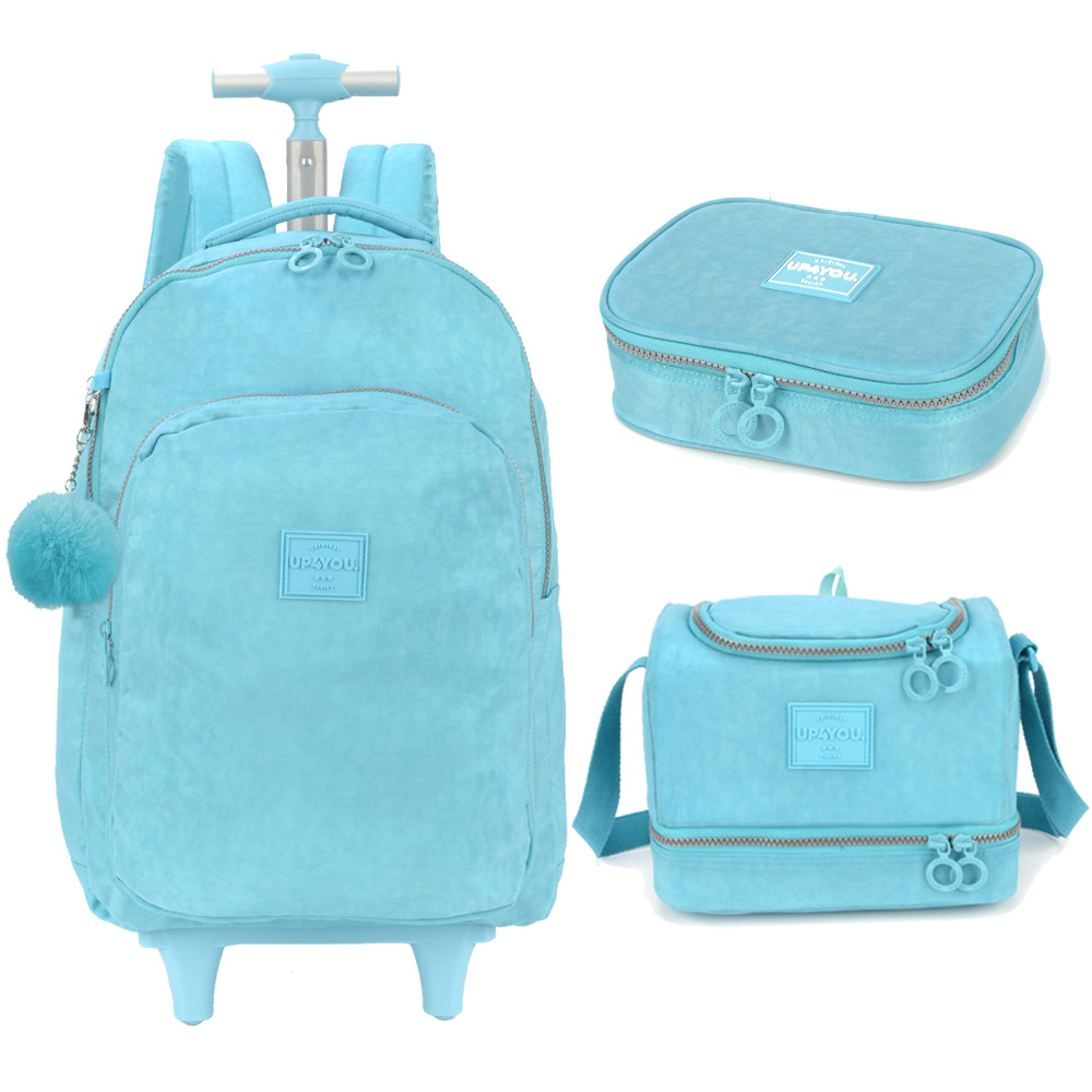 Kit Mochila Carrinho Lancheira Estojo Crinkle Azul UP4YOU