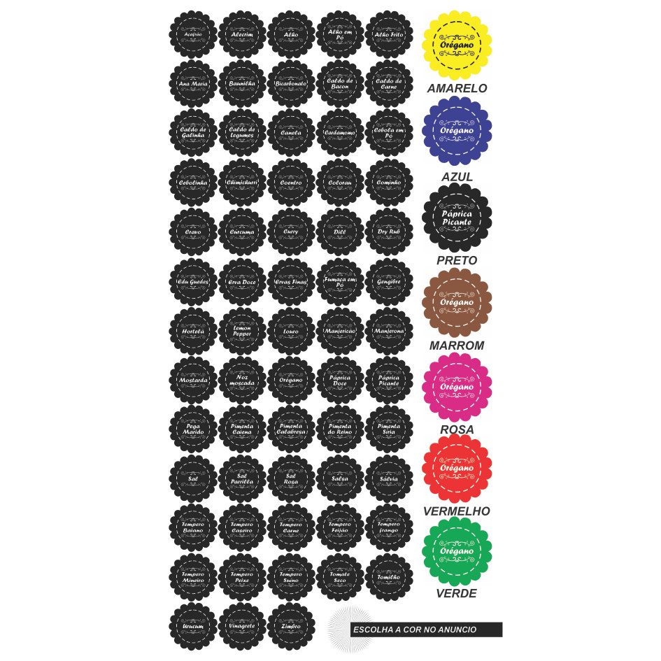 CARTELA TEMPERO 63 ETIQUETAS ADESIVO AUTO COLANTE ROTULO 5 CM DIAMETRO A PROVA DE AGUA PARA POTES RECIPIENTE MANTIMENTOS CONDIMENTOS ORGANIZAÇÃO  E BELEZA PARA SUA COZINHA COR AMARELO AZUL PRETO MARROM ROSA VERDE VERMELHO TRANSPARENTE BRANCO