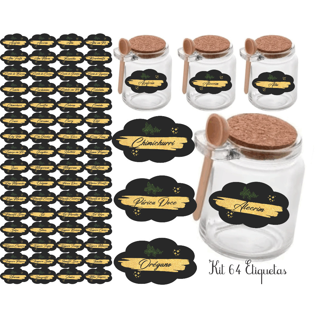 Kit 64 Adesivos tag rotulo etiqueta 4,8X1,4 cm à Prova d'Água Água para Potes de Tempero Design Exclusivo em Nuvem Design Exclusivo em Nuvem Lavável e Cor Preta Vibrante -Organização  e  Estilo Duradouros para Sua Cozinha preto
