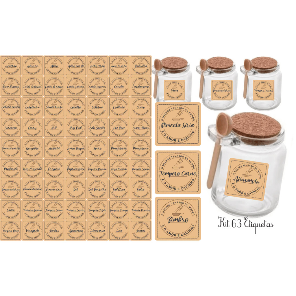 Kit 63 Adesivos tag rotulo etiqueta 3,5x3,5cm à Prova d'Água Água para Potes Tempero Design em Quadrado e Cor Rose Vibrante Organização  e  Estilo Duradouros para Sua Cozinha Potes de Tempero na Cor Rose Para Seu Vidro Pote tubete condimento