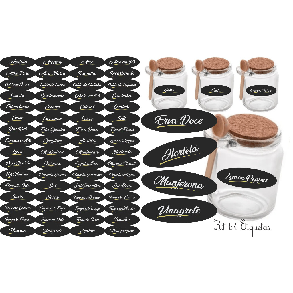 Kit 64 Adesivos tag rotulo etiqueta 4x2,2 cm à Prova d'Água Água para Potes de Tempero Design em Elipse Lavável e Cor Preta Vibrante Organização  e  Estilo Duradouros para Sua Cozinha e Potes de Tempero na cor preta para seu vidro pote tubete tempero