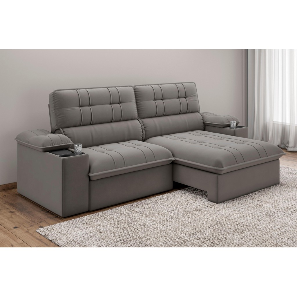 Sofá Stylus 2,10m Retrátil/Reclinável com Porta Copos e Cooler Suede Cinza - XFlex Sofás