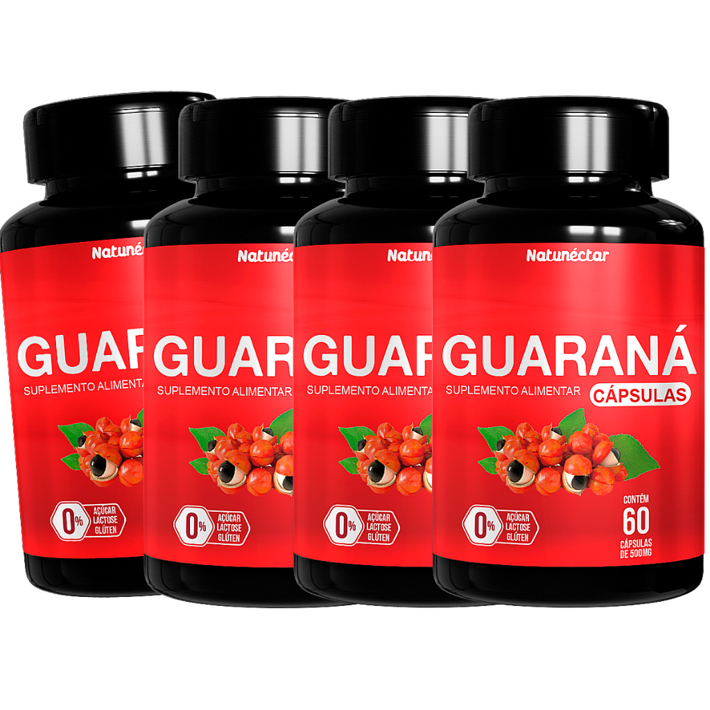 Kit 4 Potes Guaraná Suplemento Natural Energia 100% Pura Atletas Cafeína  - Natunectar 240 Capsulas