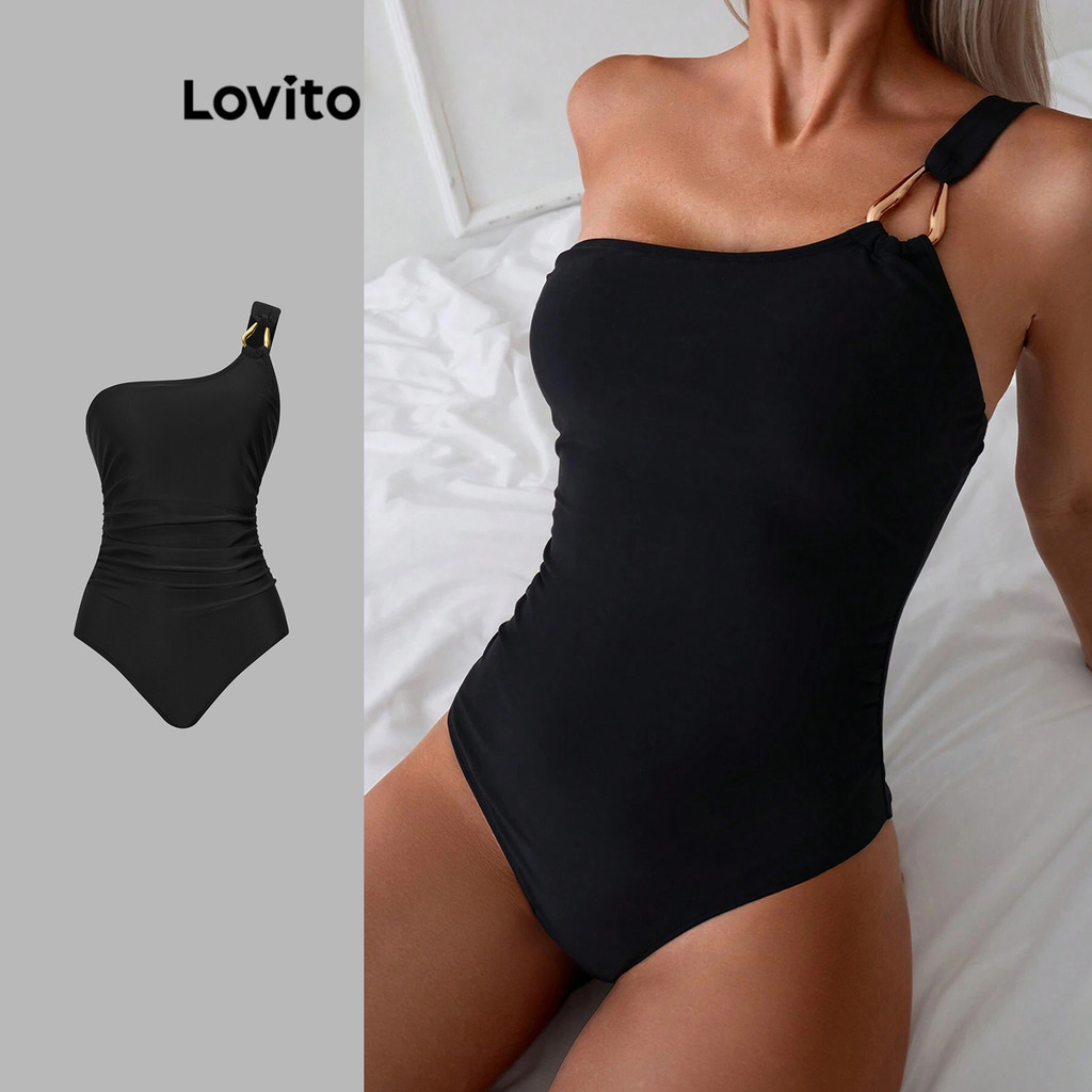 Lovito Maiô Casual De Uma Peça De Metal Liso Assimétrico De Uma Peça Para Mulheres LBL16824 - Sports & Outdoors