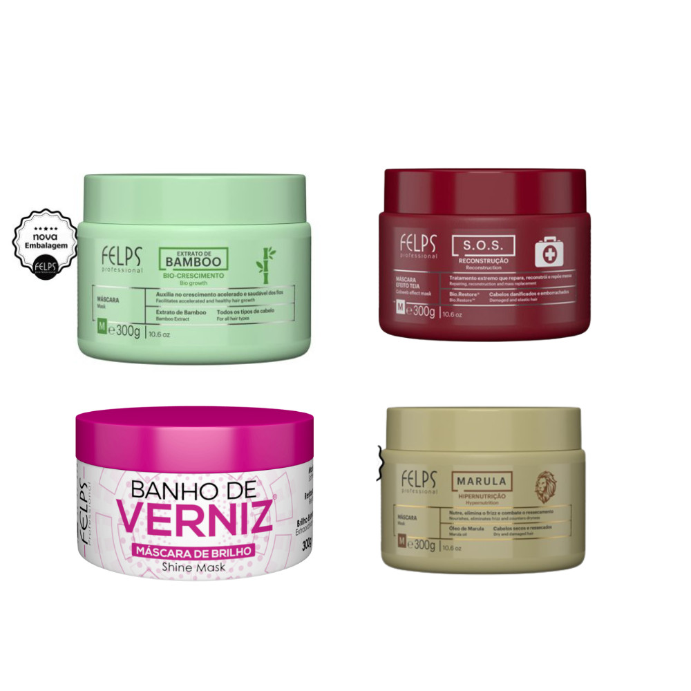 Kit Felps Máscaras - Sos 300g + Marula 300g  + Banho de Verniz 300g+ Bamboo 300g (4 Produtos)