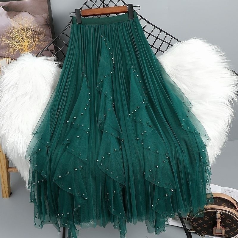 Moda Lace Bolo Saia Irregular Gaze Linha Saia Drape Alto Wist Big Swing Saia Longa 2SED