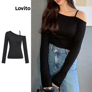 Lovito Camiseta casual lisa assimétrica para mulheres L99ED087 em Oferta na Shopee