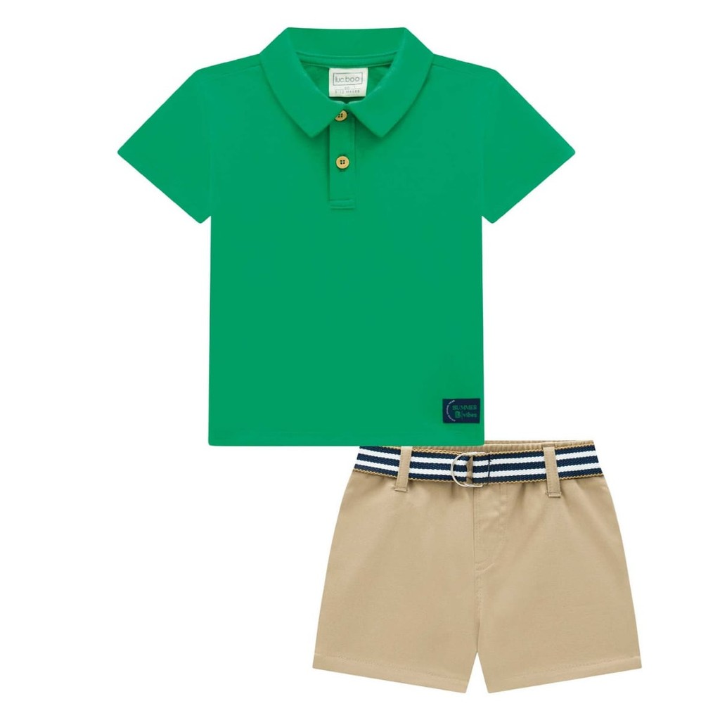 Conjunto Camisa Polo  Meia Malha Bermuda em Sarja e Cinto de Cadarço- LucBoo