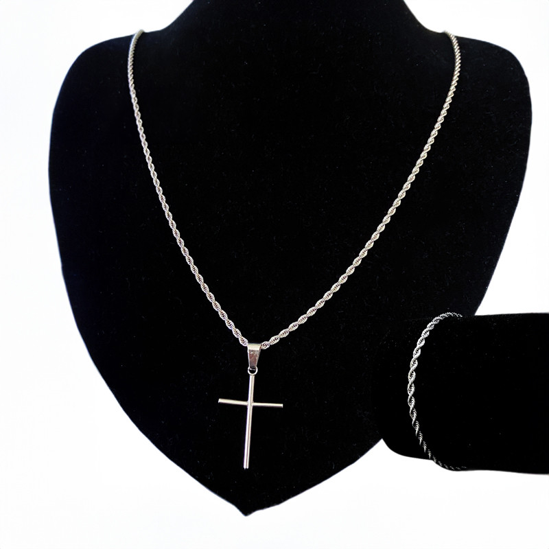 Estilo Unissex: Corrente e Pulseira Torcida com Pingente de Cruz Banhados a Prata em Oferta na Shopee