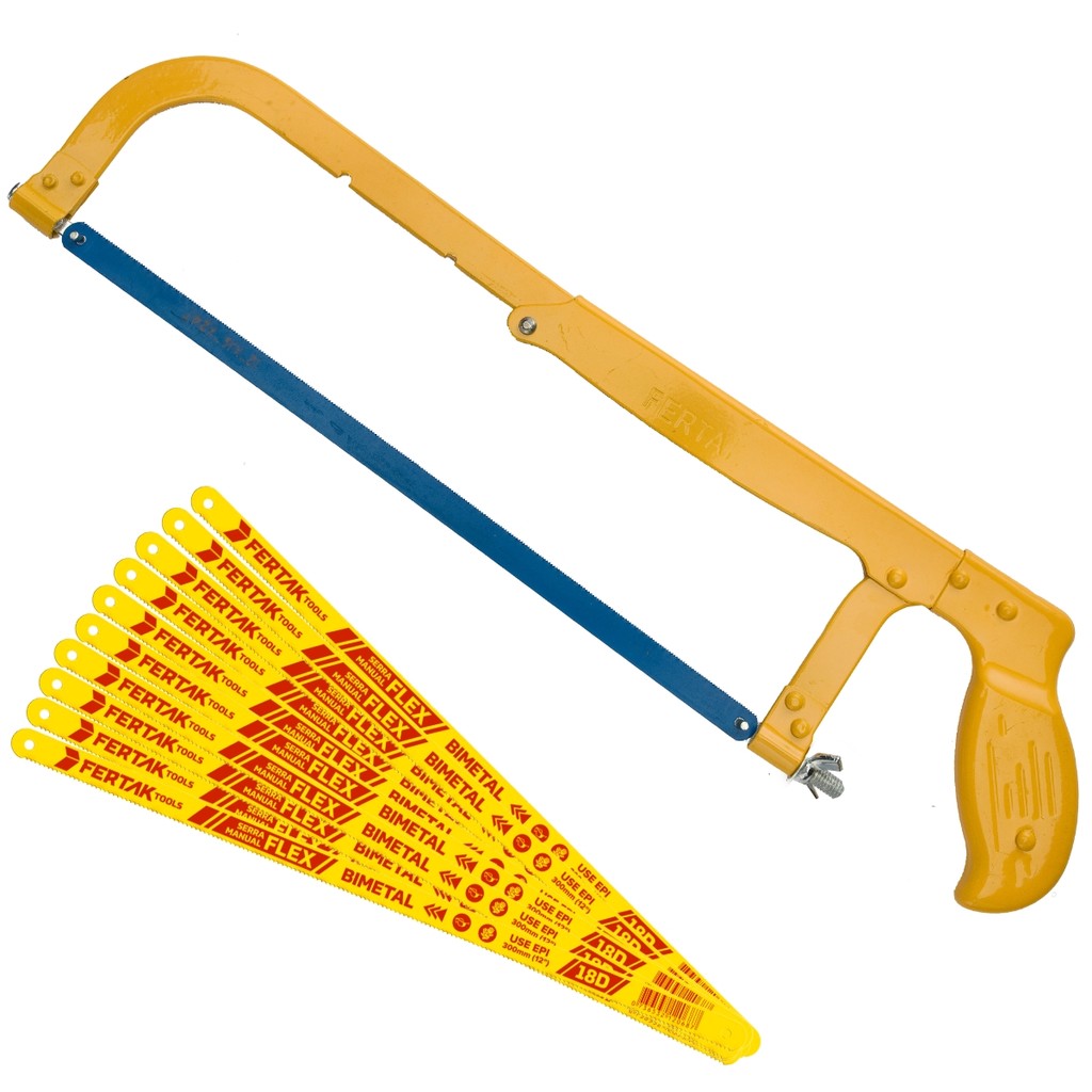 Kit Arco de Serra Fixo Profissional 12" com 10 Lâminas Bimetal 18 Dentes Cortar Metal Aço Cano PVC Prático