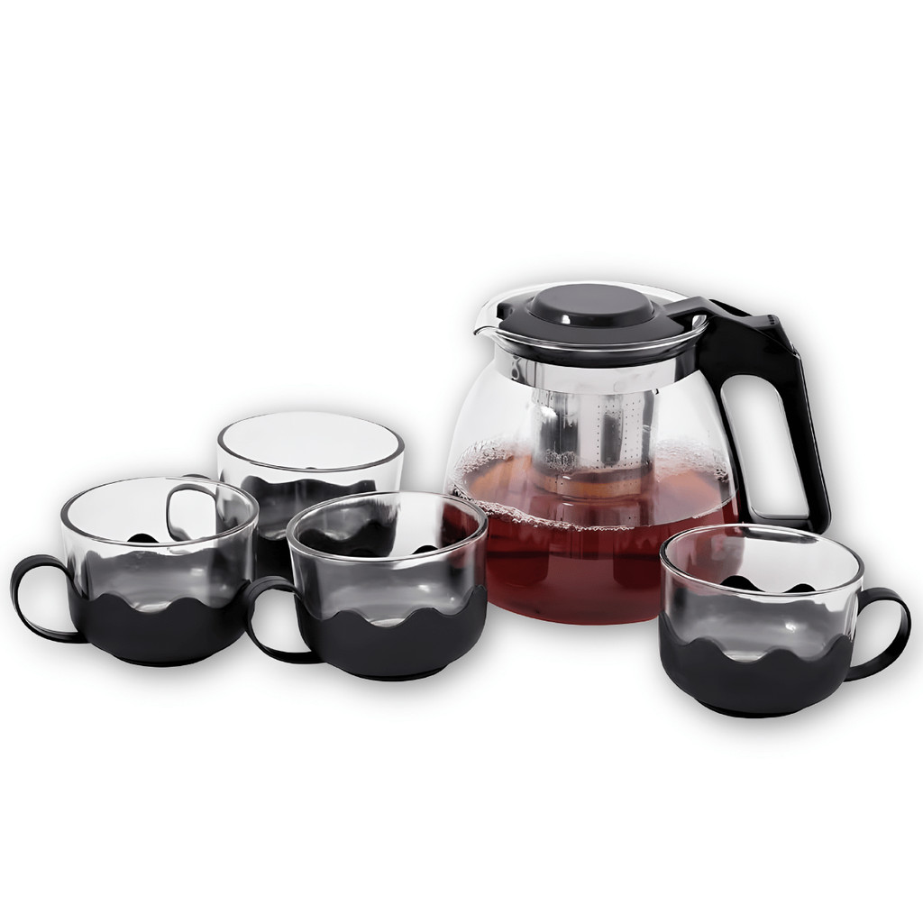 Conjunto 5 Peças Chá Vidro Chaleira 1L 1000ml + 4 Xícaras 150ml / Wincy / Cozinha / Mesa