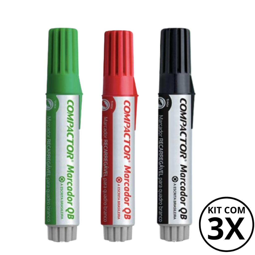 Kit com 3 Marcadores Para Quadro Branco - COMPACTOR COR:VERDE + VERMELHO + PRETO