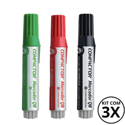 Kit com 3 Marcadores Para Quadro Branco - COMPACTOR COR:VERDE + VERMELHO + PRETO