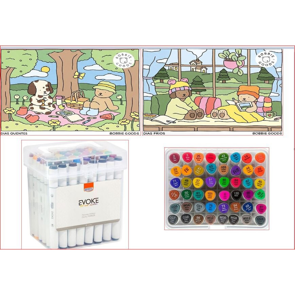 KIT BOBBIE GOODS   DIAS QUENTES + DIAS FRIOS + MARCADOR ARTÍSTICO EVOKE DUAL MARKER   ESTOJO 48 CORES