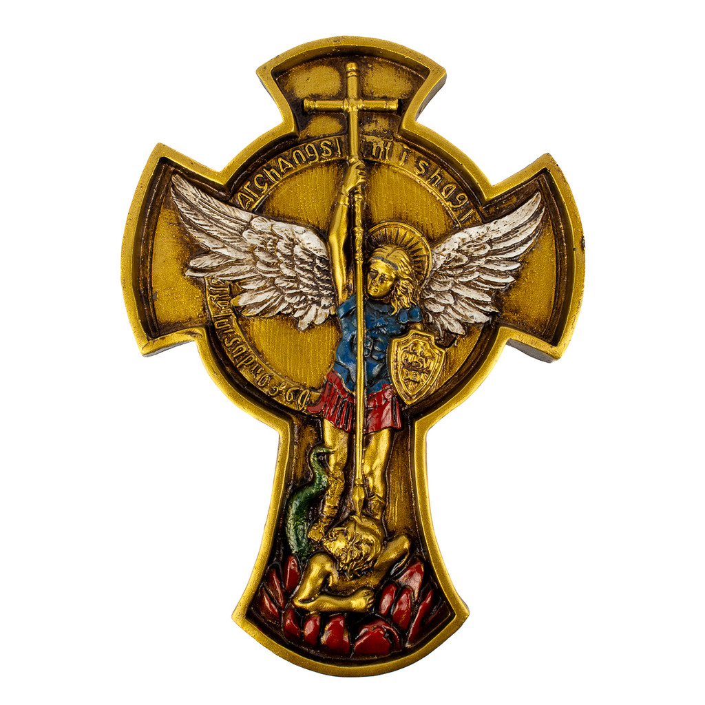 Cruz de São Miguel Arcanjo Escultura Decorativa Para Parede 22 cm em Resina