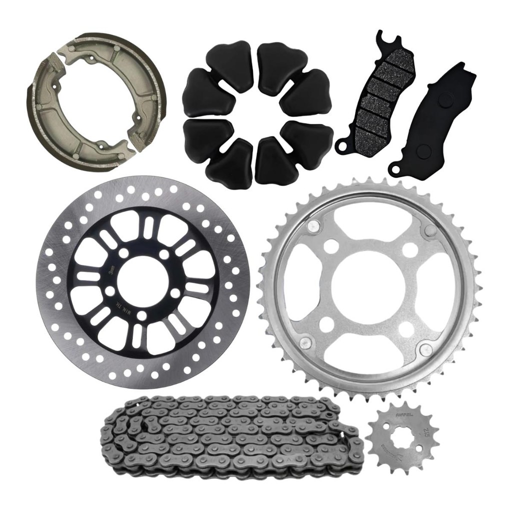 Kit Relação Transmissão Titan Fan 150 160 Cargo160 Cbs Pastilha Patim Lona Disco De Freio Bucha Coxim Coroa