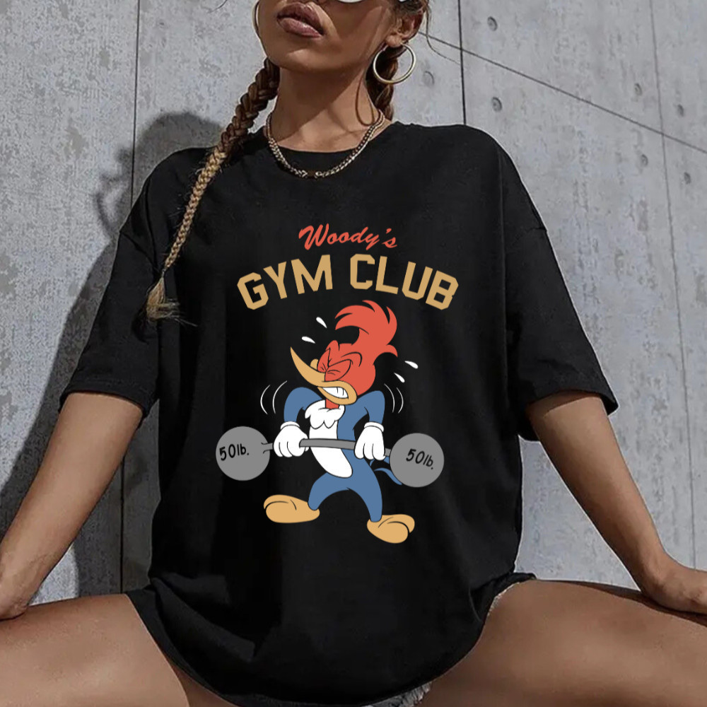 Camiseta Premium em Algodão PuroI camisa desenho animado Feminina Pica Pau Gym Club Estampa Preta Malha Algodão