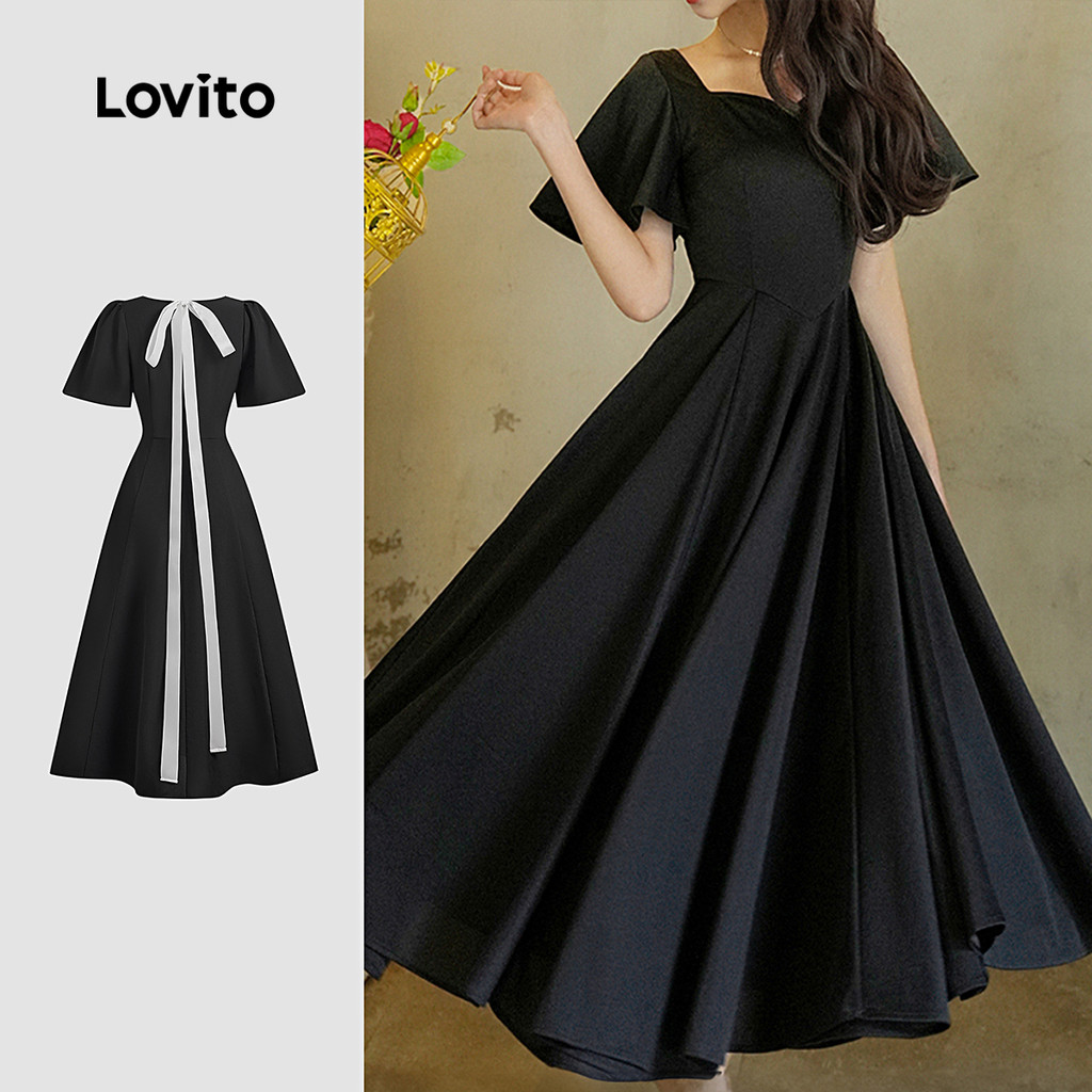Lovito Vestido Elegante com Laço Nas Costas Toque Suave Ao Toque Vestido Preto de primavera/verão L137LD036 - Women Clothes