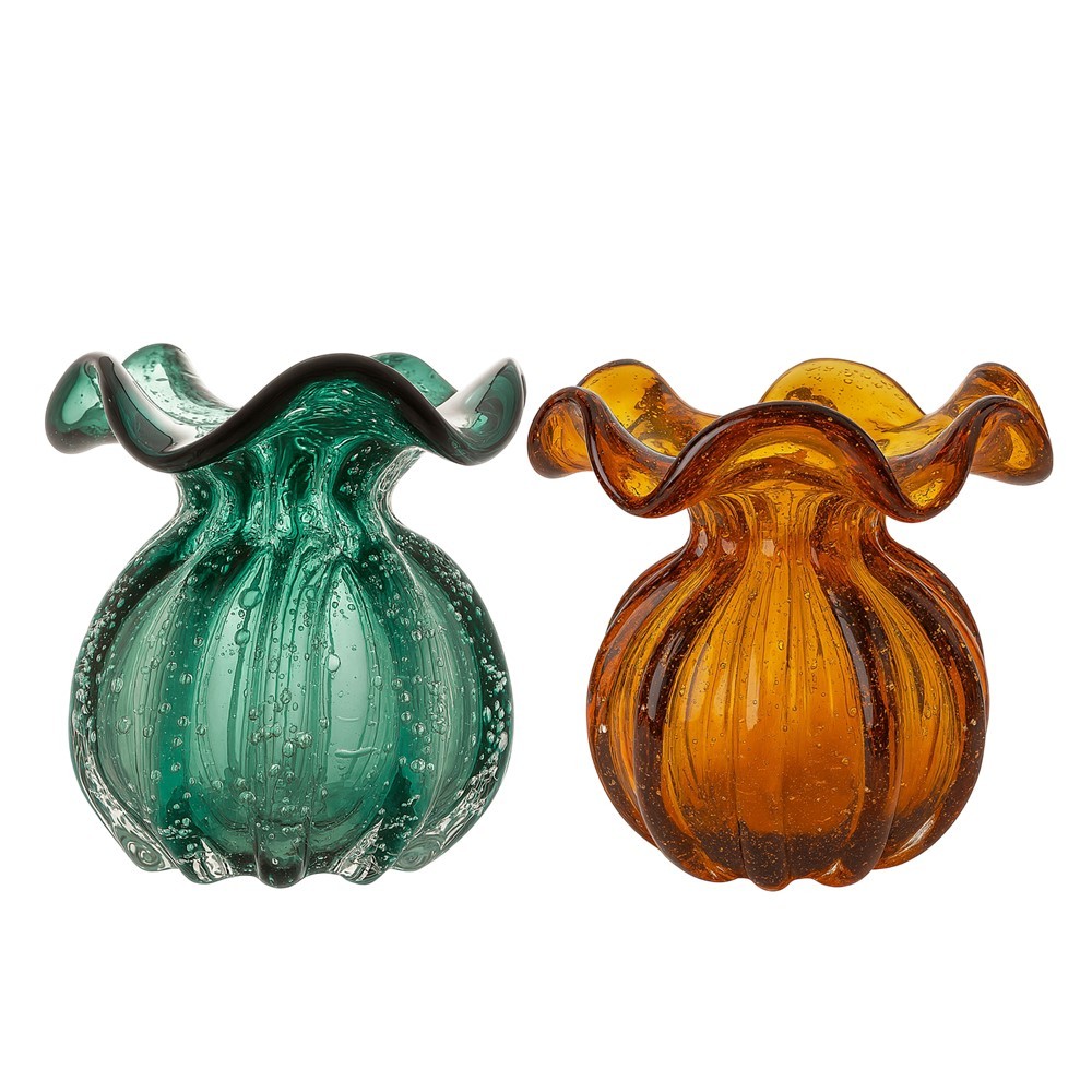 Kit 2 Vaso Vidro Murano Trouxinha Flor Plantas Arranjos Verde Esmeralda e Âmbar 10x11cm