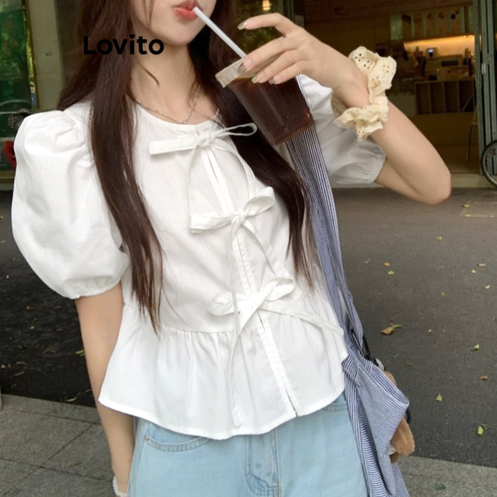 (Trendy) Lovito Blusa Casual Lisa Com Cadarço Blusa De Verão Para Mulheres L104ED294 em Oferta na Shopee