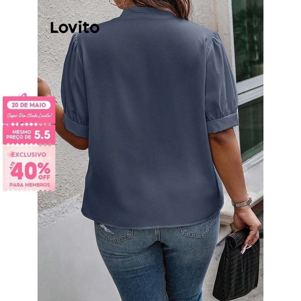 (Trendy) Lovito Blusa Curva Plus Size Elegante Lisa Com Cadarço E Botão Com Babados E Gola Para Mulheres LBL09414 - Women Clothes
