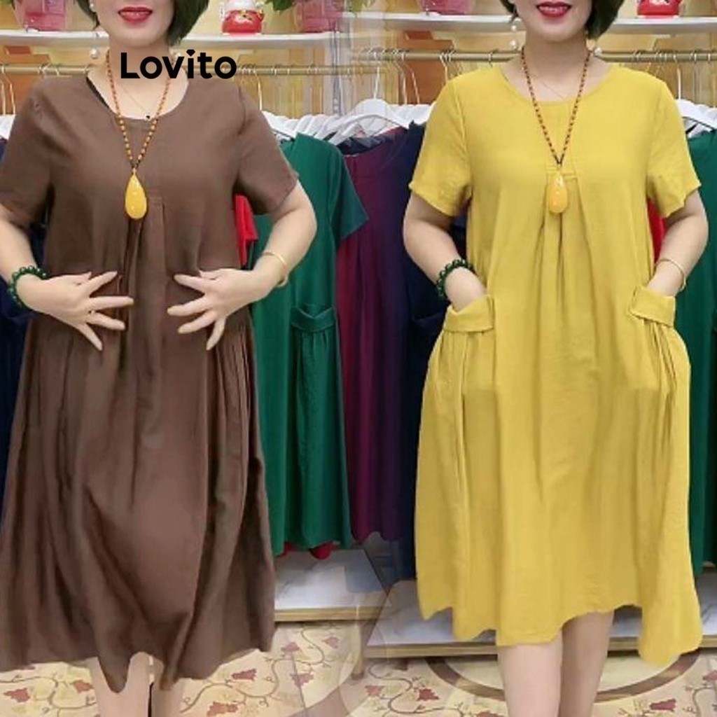 (Trendy) Lovito Casual Vestido Feminino Liso com Bolso LNA26291 (Marrom) - Women Clothes
