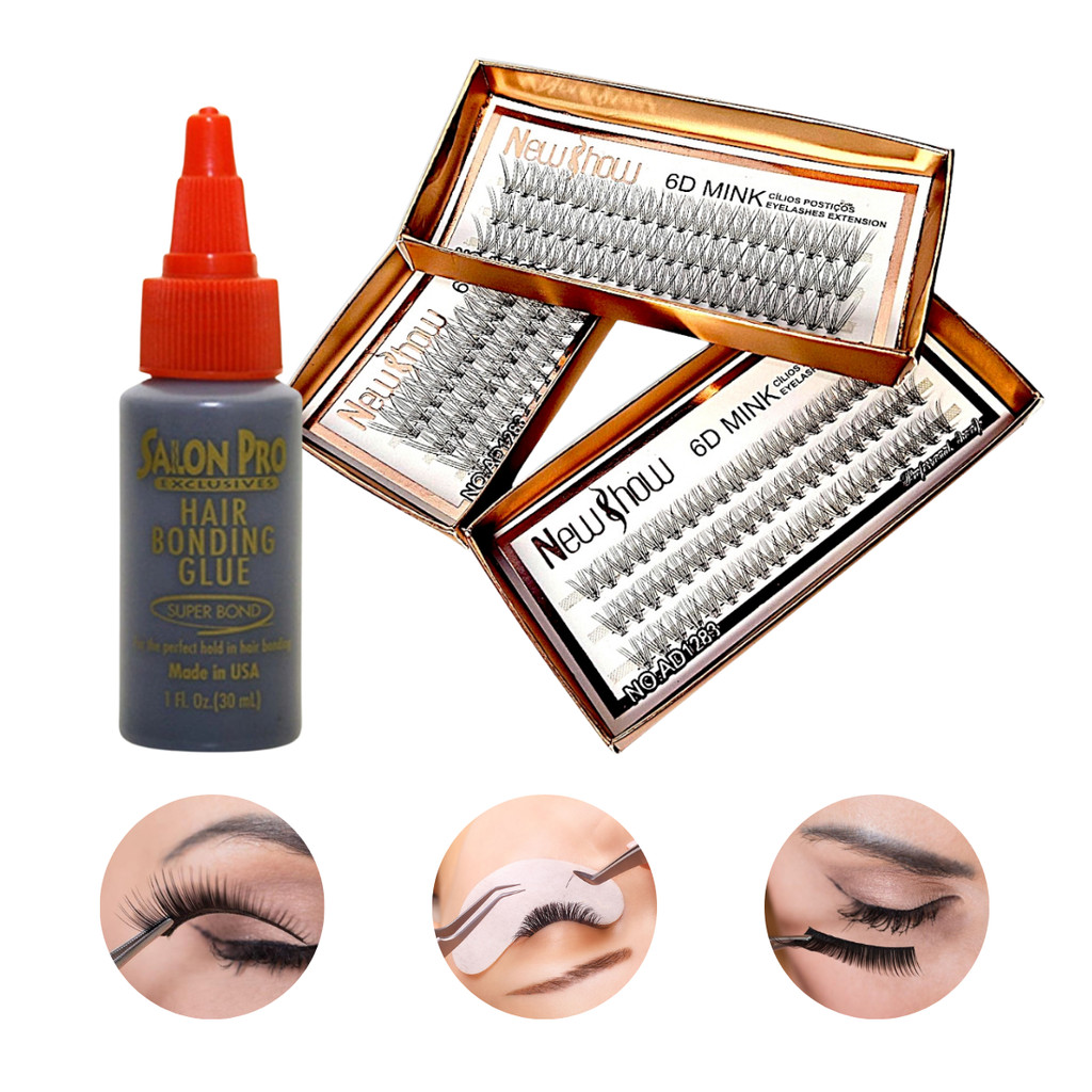 Salon Pro Cola 30ml + Cílios postiços 6D MINK NEW SHOW - Tufos Sem nó em Oferta na Shopee
