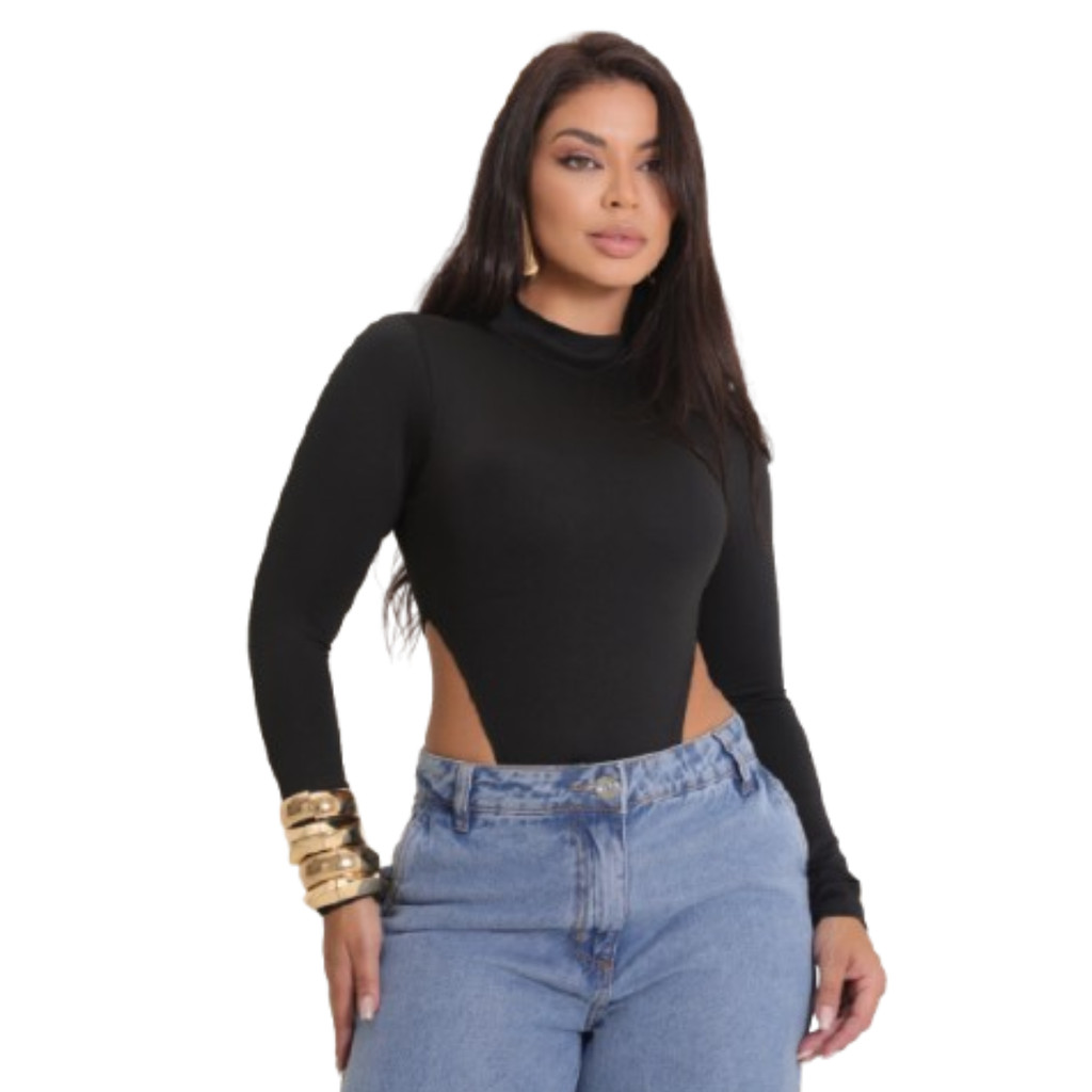 Body Preto Ousadia Manga Longa Cavado Sexy Moda Blogueira