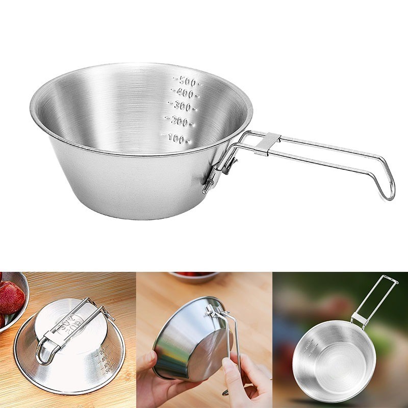 Tigelas 500ML Redonda Cumbuca Panelas Aço Inox Com Cabo Cozhina Escolar Ar Livre Camping 14cm