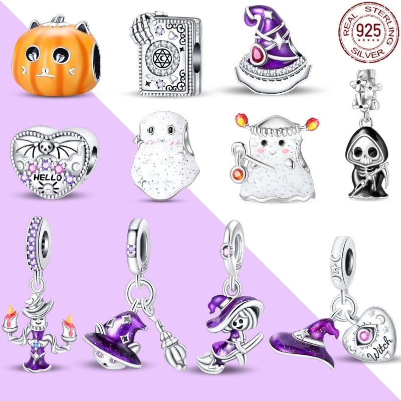 Berloques925 prata charme série Halloween pingente de bruxa adequado para pulseira jóias DIY