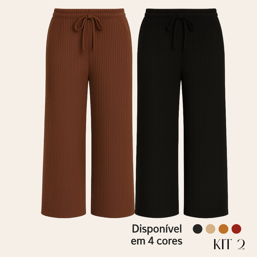 Kit 2 Calça Wide Leg Canelada Lisa Feminino Pantalona Com Bolsos Cintura Alta Cordão Confortável em Oferta na Shopee