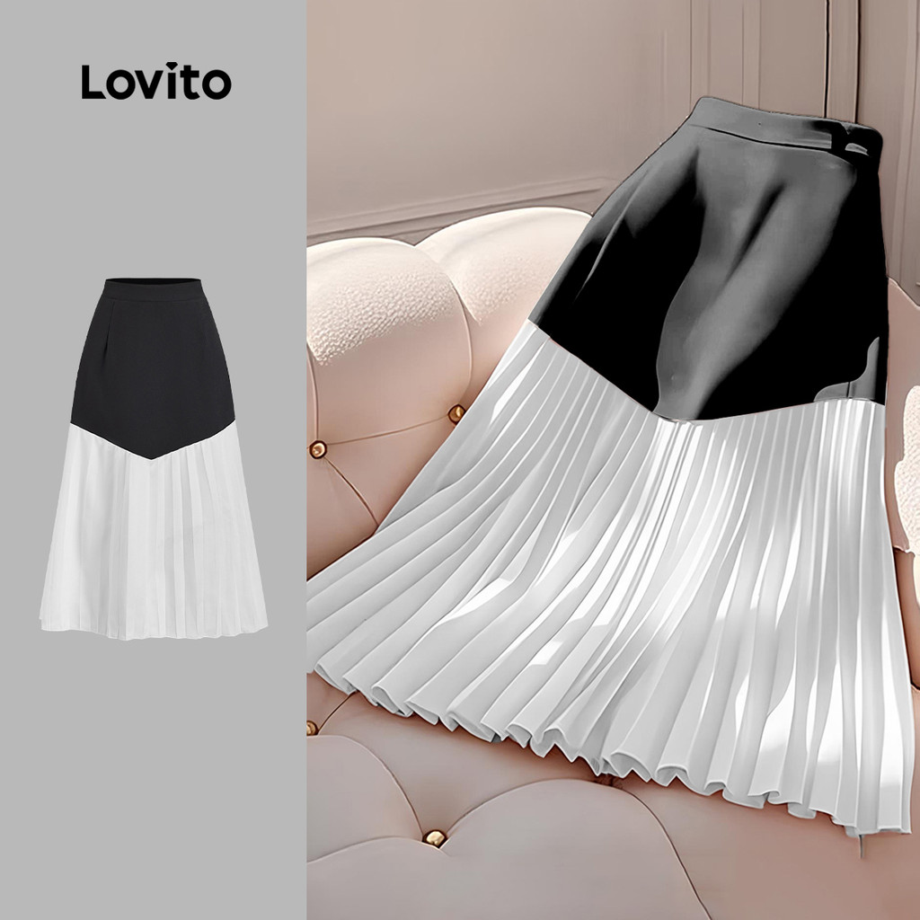 Lovito Saias Elegantes Pregueadas em Blocos de Cores Primavera/verão Saias em Preto e Branco para Mulheres LBL27364 - Women Clothes
