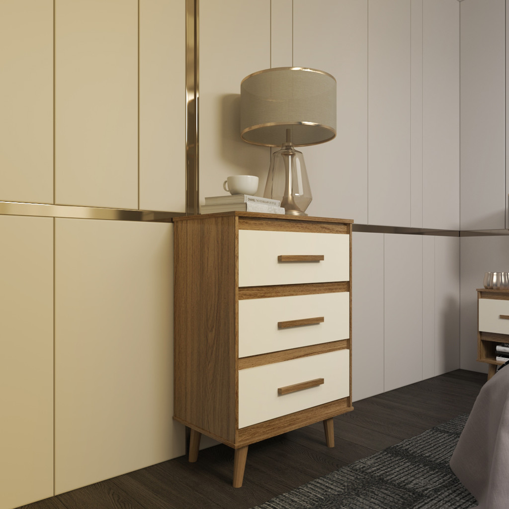 Cômoda Maya 3 Gavetas com Puxadores e Pés Retro Design Moderno Quarto Savana Mobília Decor