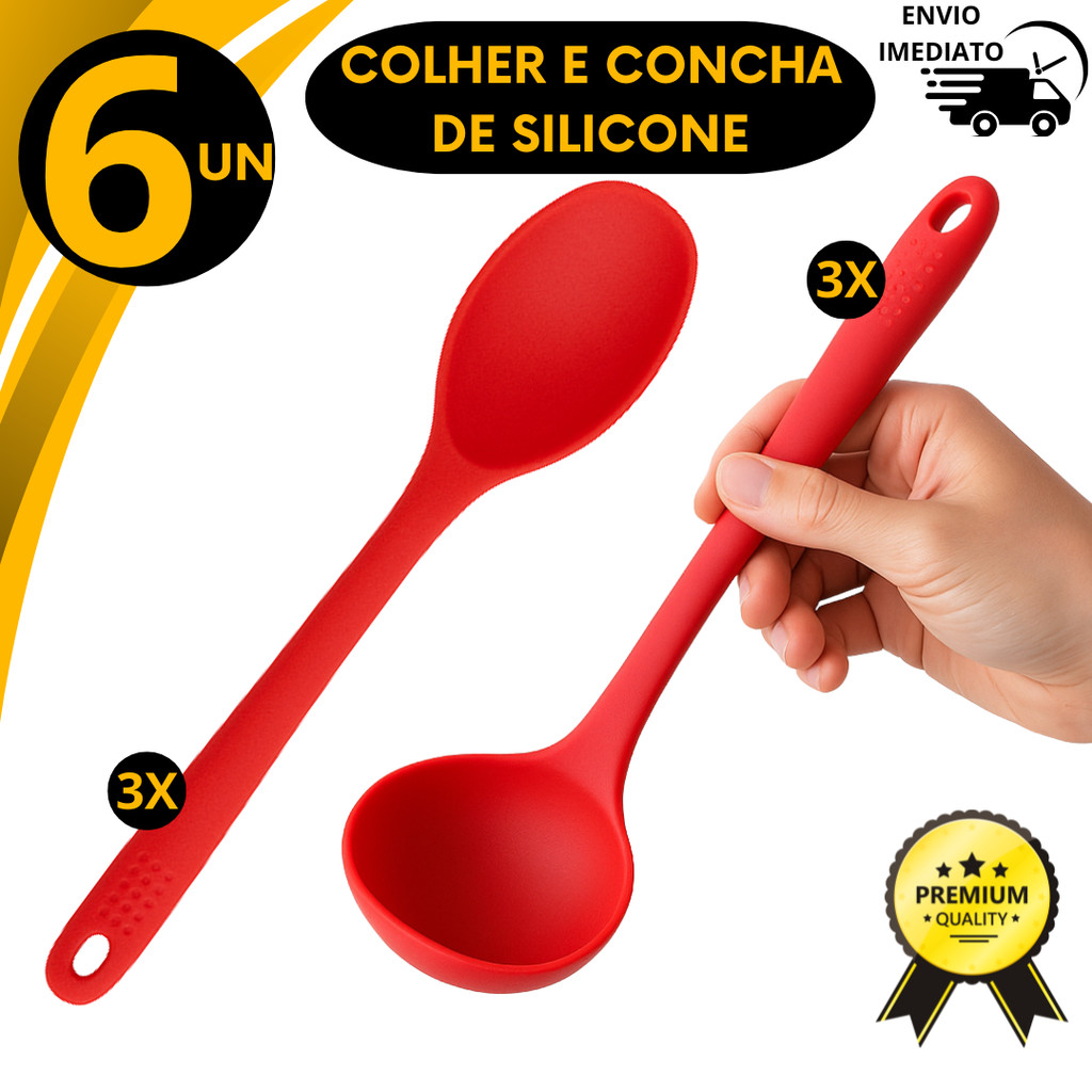 Kit Concha e Colher de Arroz Silicone Vermelho Antiaderente Alta Temperatura Cozinha Utensilios