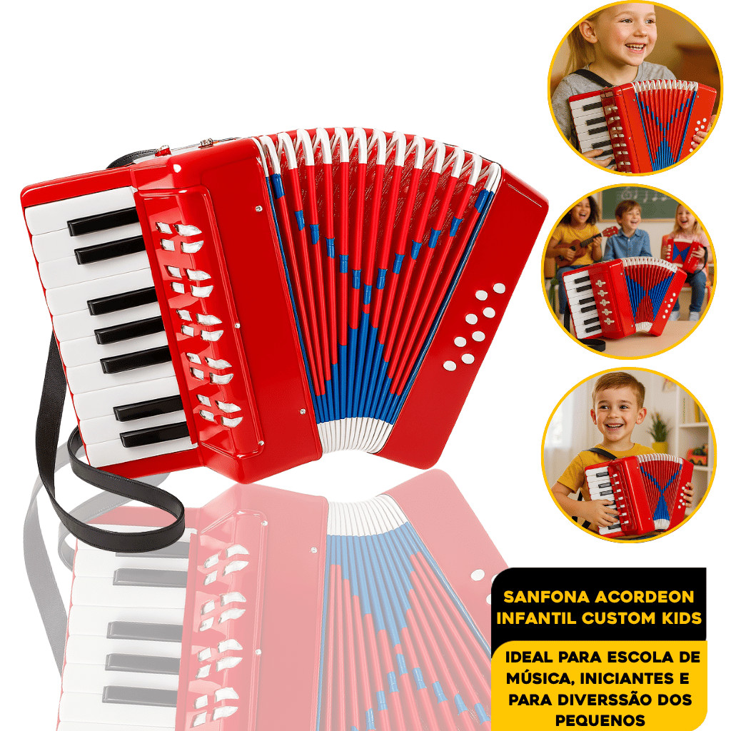 Sanfona Acordeon Infantil 17 Teclas 8 Baixos Vermelha Premium