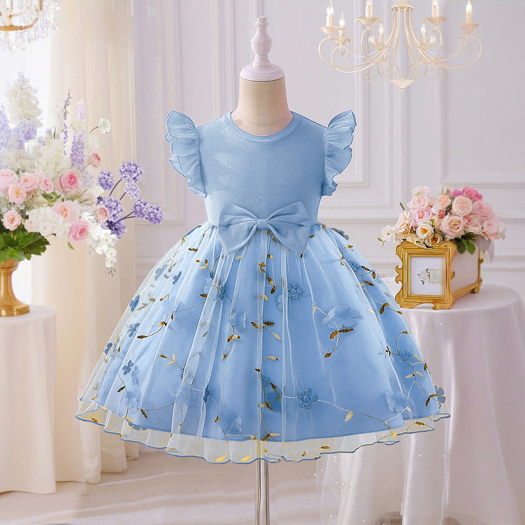 Vestido Infantil Menina - Manga Longa Com Babados - Algodão Confortável - Tamanho 2-3T Azul