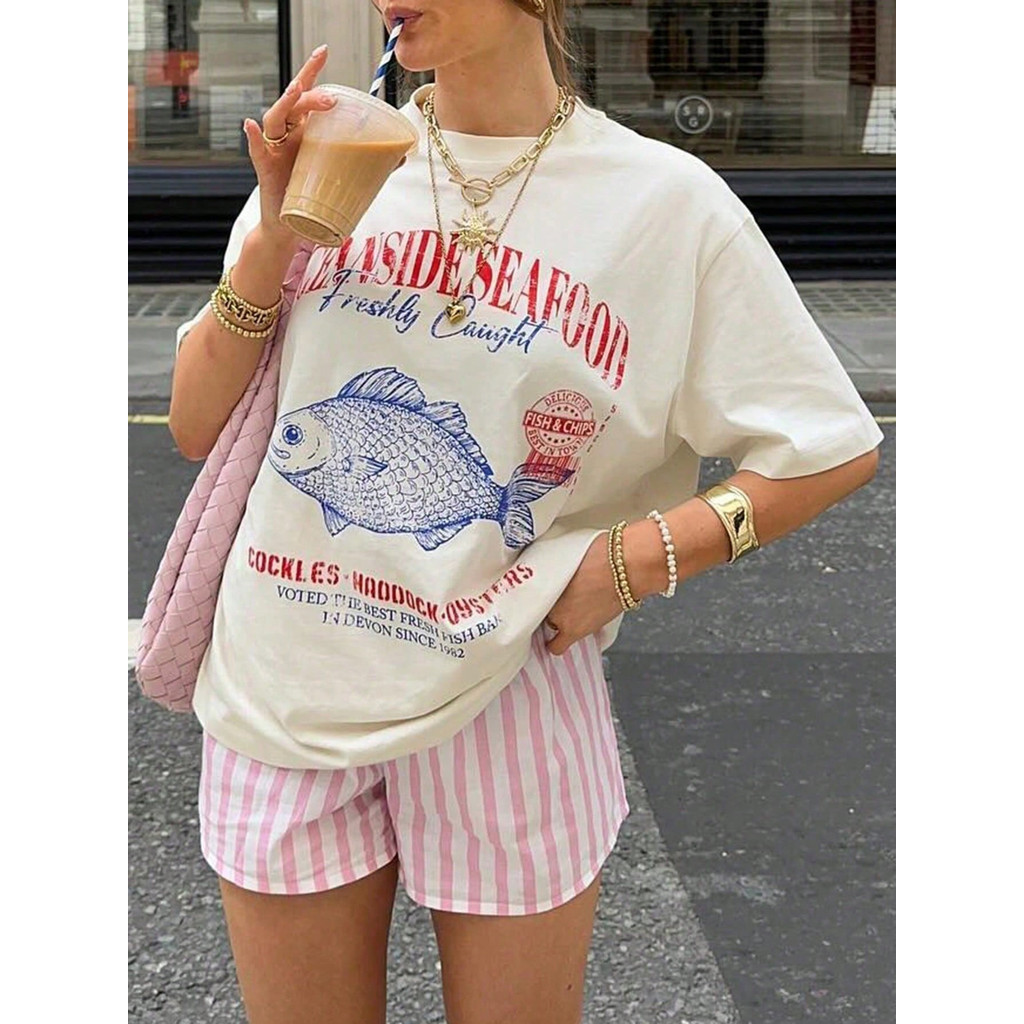 Camiseta Blusa Feminina Algodão Oceanside Moda Over Puro Algodão em Oferta na Shopee