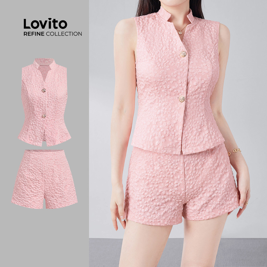 (NEW) (Lovito Refine) com Estrutura de Botões  Linha Primavera/verão  Blusa Rosa e Shorts para Mulheres LR13E060 em Oferta na Shopee