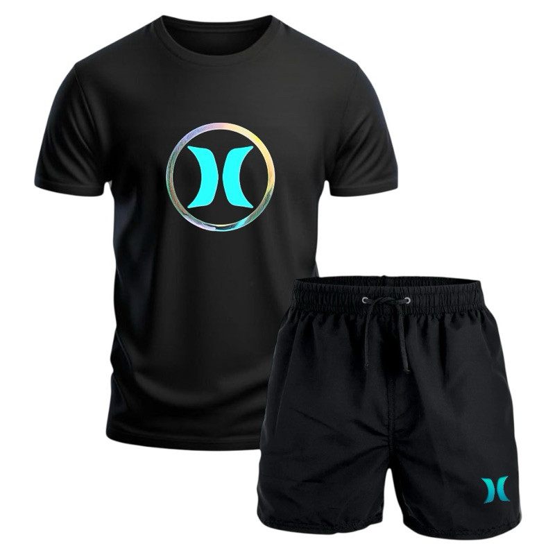 conjunto masculino camiseta 100% algodão premium fio 30.1 + bermuda short tectel praia em Oferta na Shopee