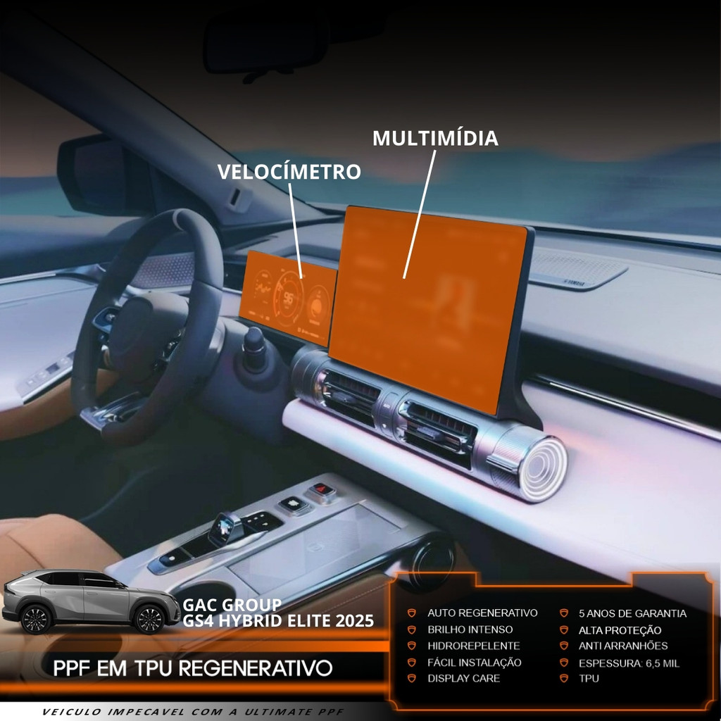 Película PPF Proteção Kit Console Central GAC GS4 Hybrid Elite 2025 Transparente TPU Anti Risco