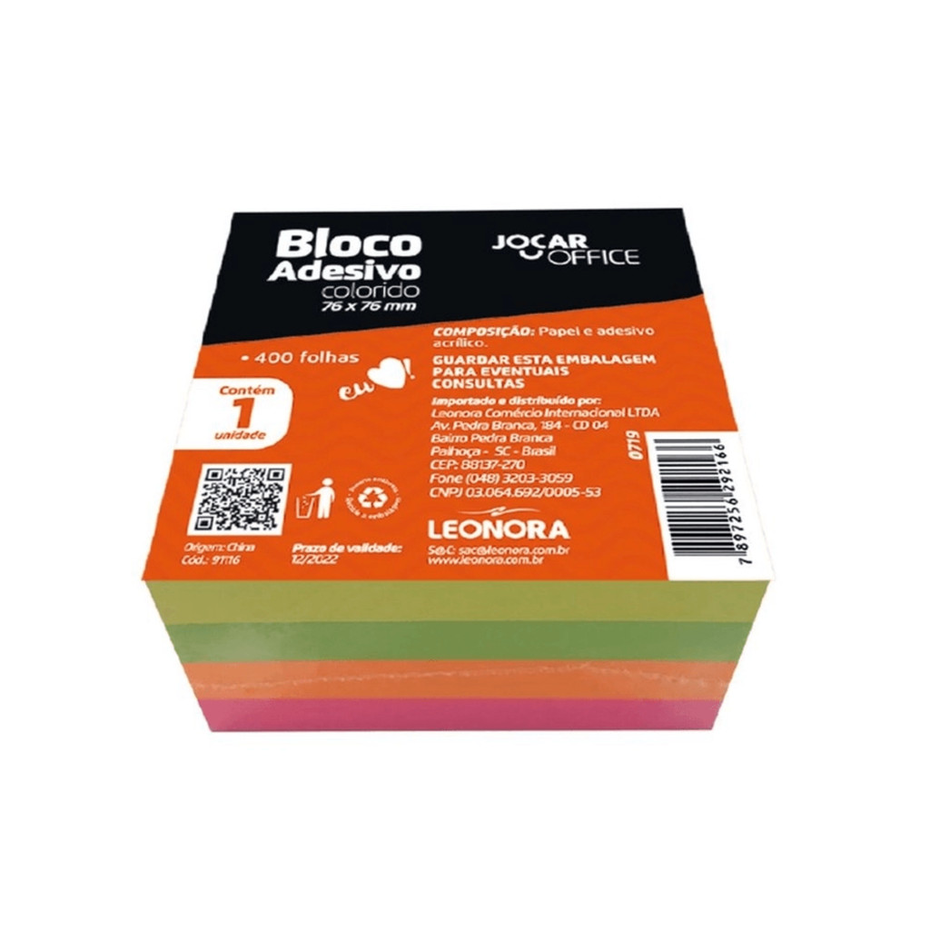 Bloco Adesivo 76x76mm 400 Folhas 4 Cores Neon Jocar - 1 Un em Oferta na Shopee