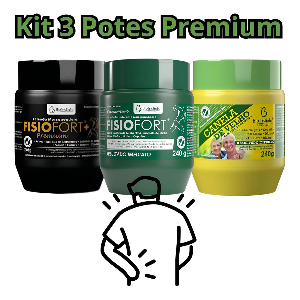 Kit 3 Potes Pomada Alivio Corporal Fisiofort Verde, Premium E Canela De Velho Com 240g