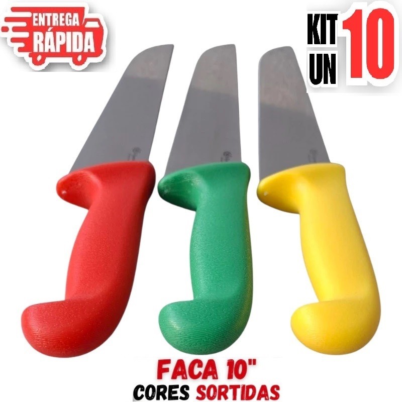10 Unidades Faca Cabo diversa cores 10" Inox Açougueiro Profissional Churrasqueiro Açougue Cozinha