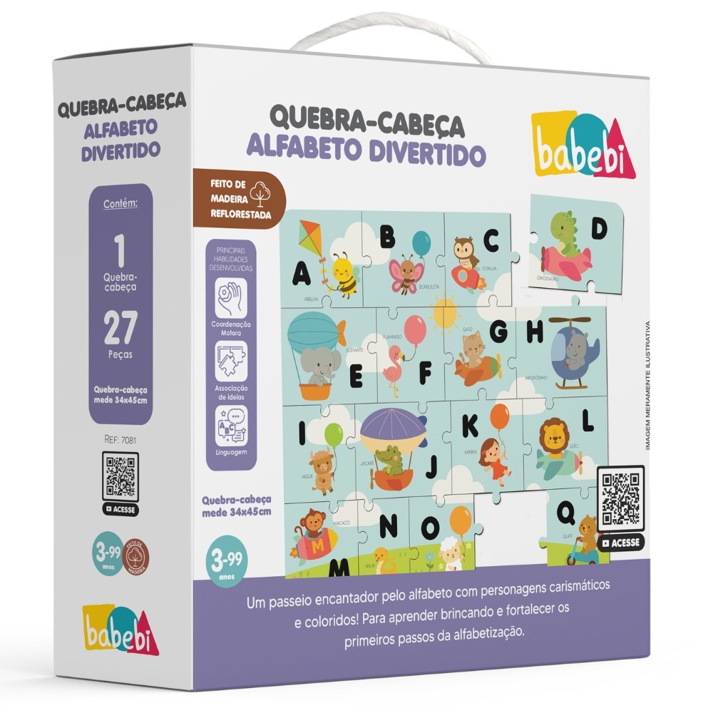 QUEBRA CABEÇA ALFABETO DIVERTIDO MADEIRA BABEBI LETRAS LÓGICO JOGO EDUCATIVO ANIMAIS PEÇAS ABC MDF